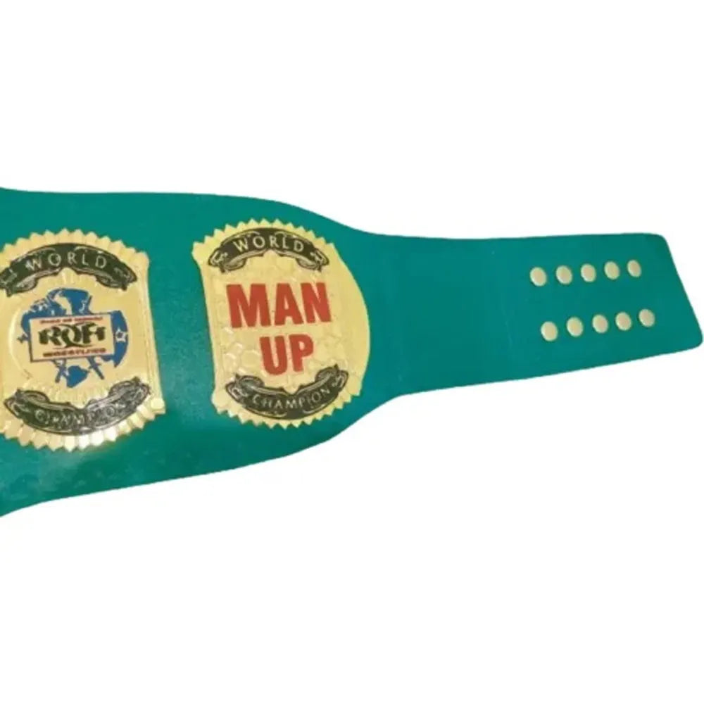 ROH replica championship belt with green strap and gold world champion plates by Championship Belt Store