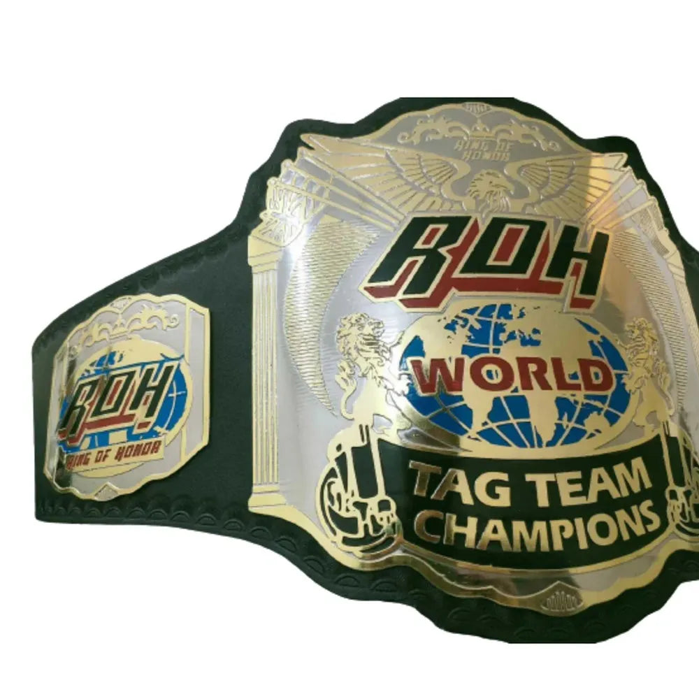 ROH tag team championship belt replica with gold plating and black leather strap from Championship Belt Store