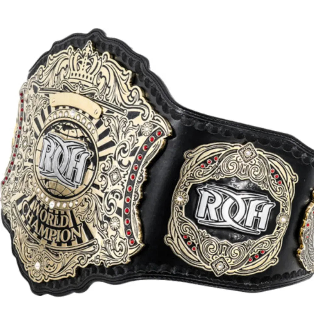 ROH World Championship replica belt with detailed gold and black design from Championship Belt Store