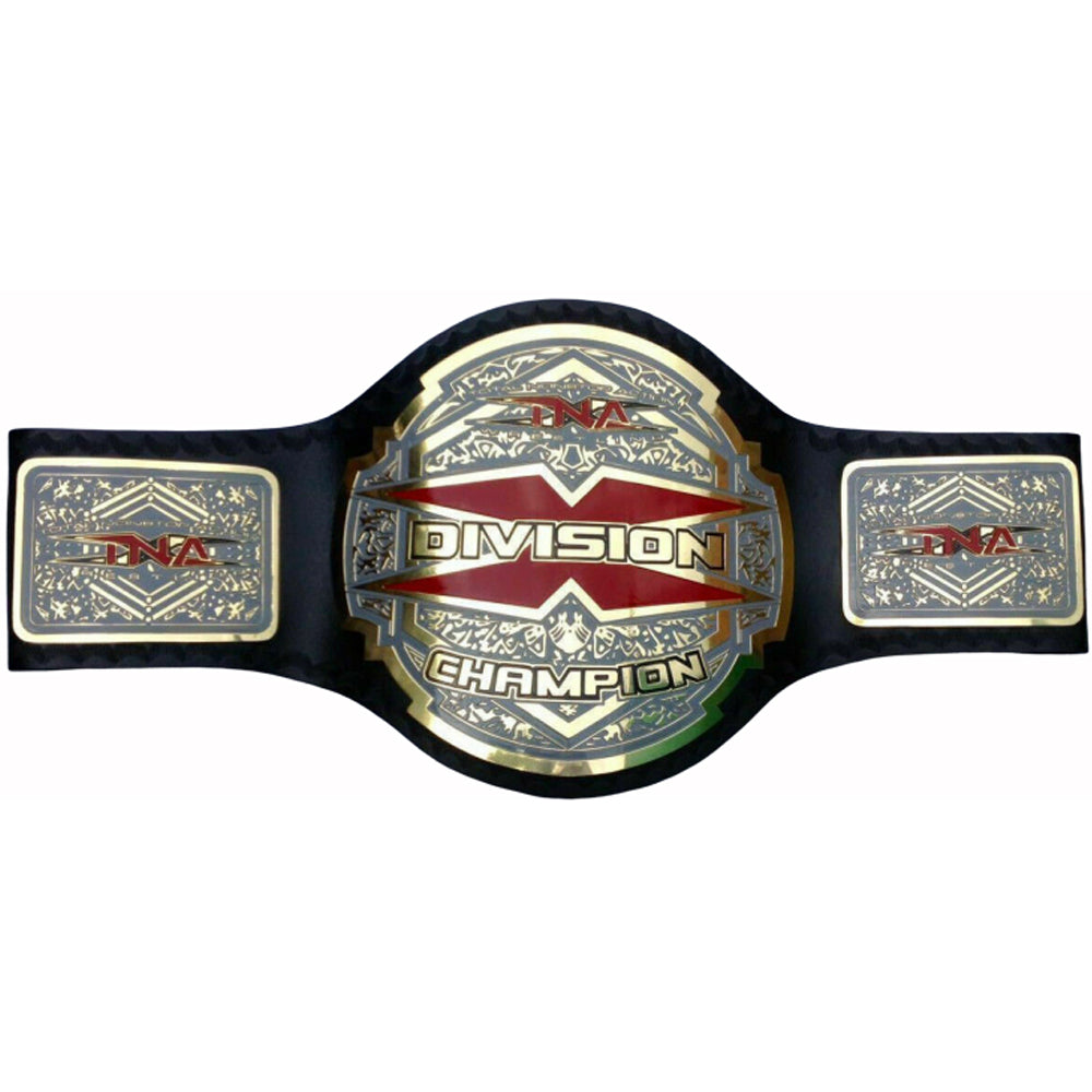 TNA Impact World Championship belt with gold and red detailed plates on black strap from Championship Belt Store