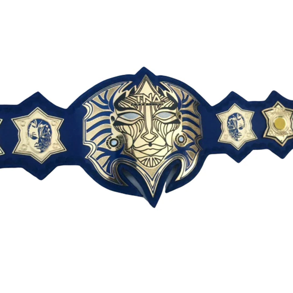 TNA Jeff Hardy championship belt with intricate gold and blue face design from Championship Belt Store