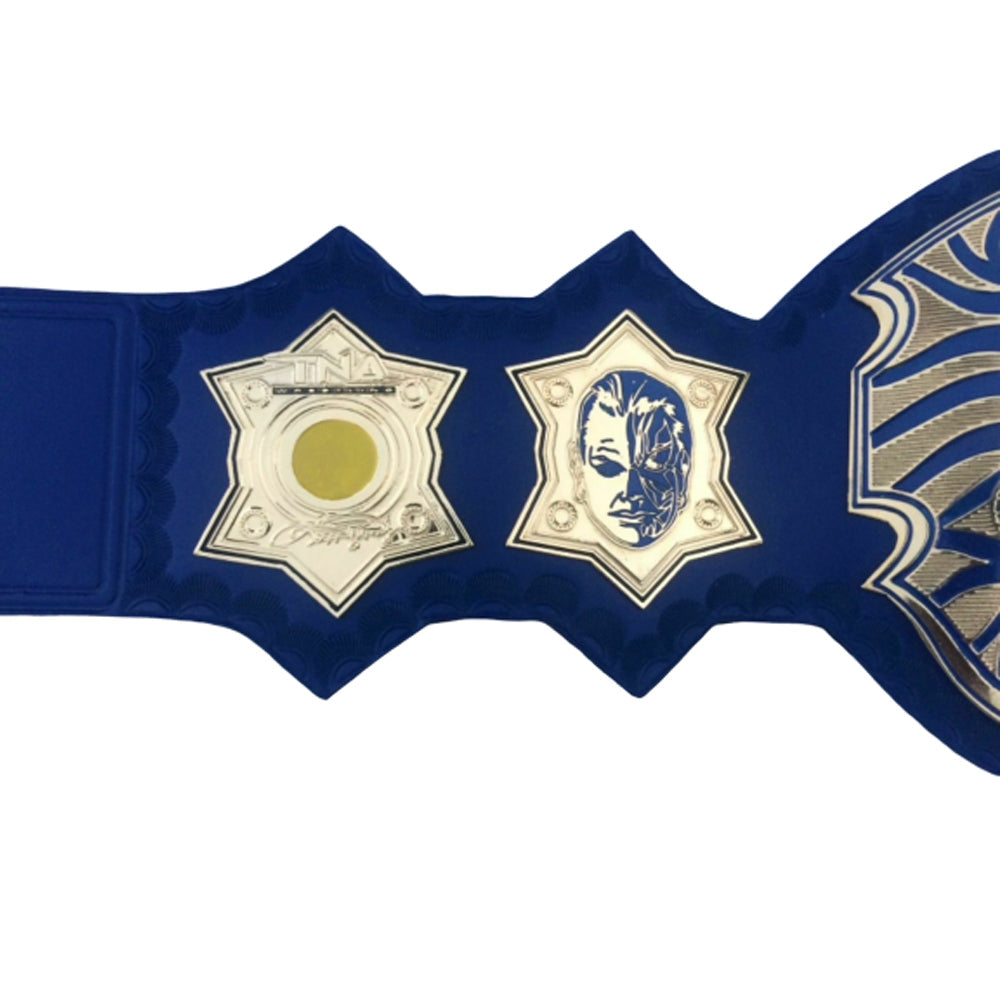 TNA Jeff Hardy championship belt replica with detailed side plates and blue strap by Championship Belt Store