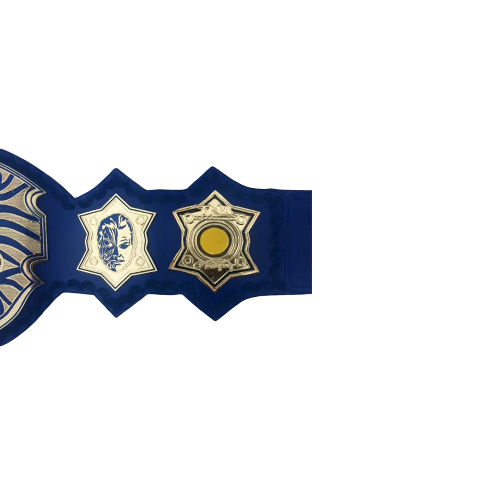 TNA Jeff Hardy championship belt side plates with blue strap from Championship Belt Store