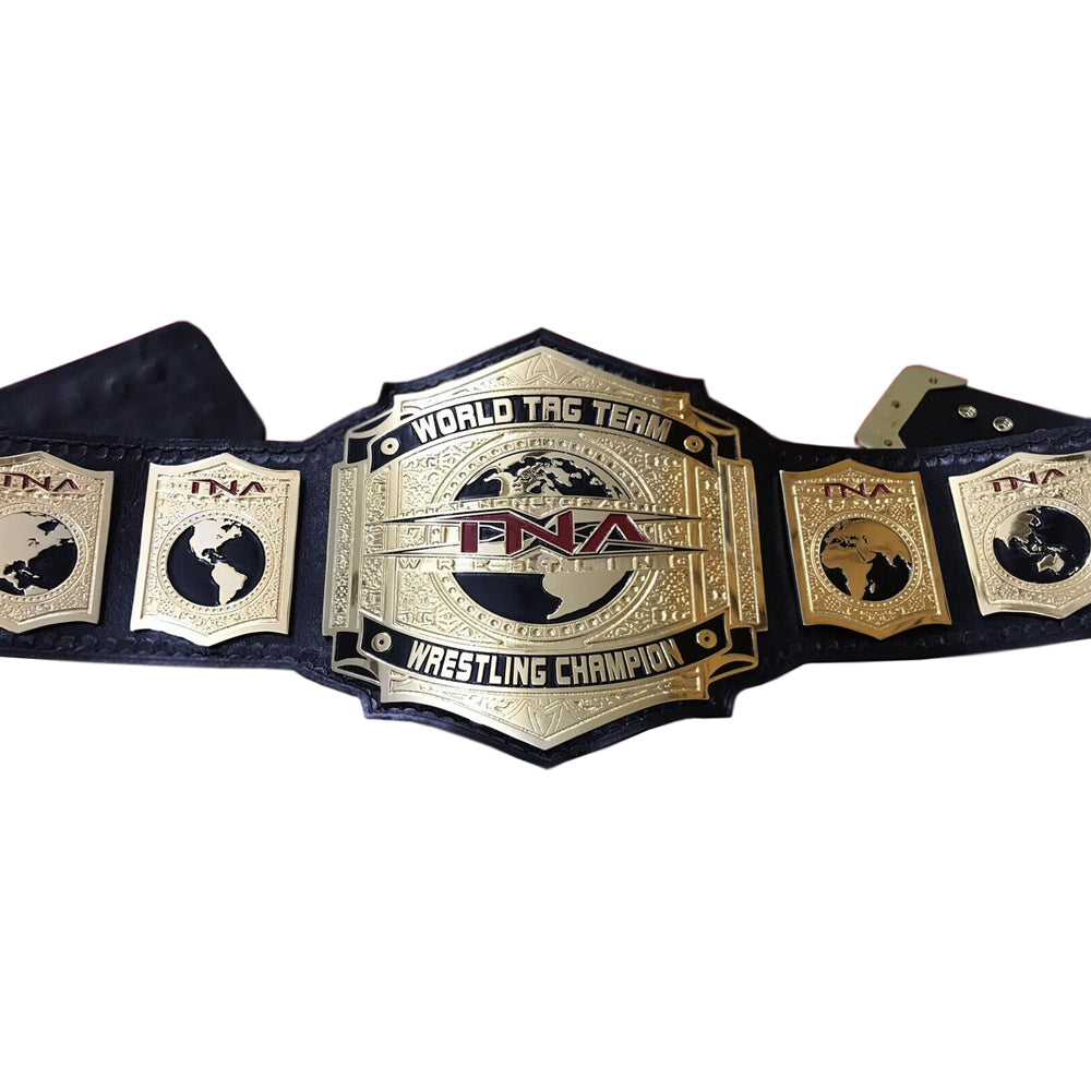 TNA tag team championship belt with gold plates and black leather strap from Championship Belt Store