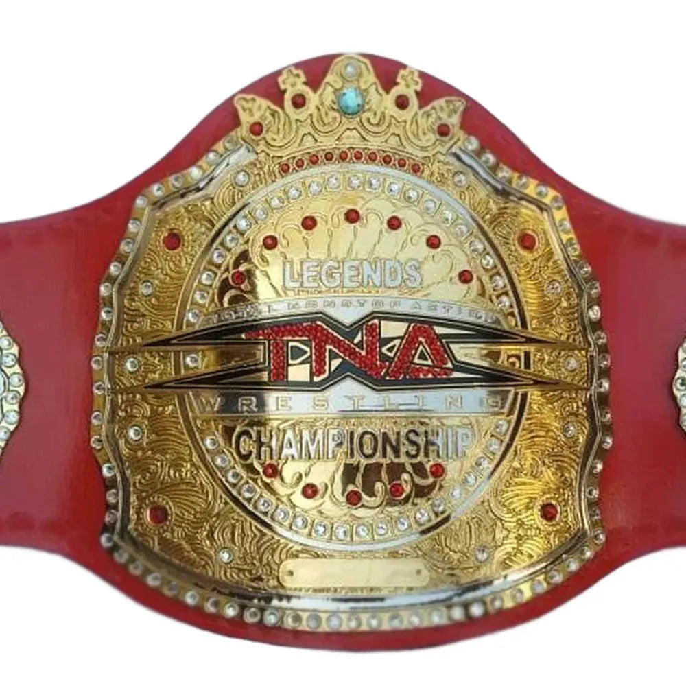 TNA Tag Team Championship replica belt with gold detailing and red leather strap by Championship Belt Store