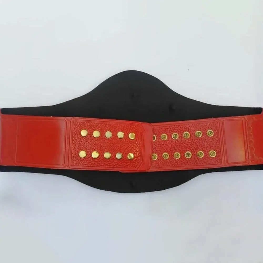 Back view of TNA Tag Team Championship replica belt with red strap and gold studs from Championship Belt Store