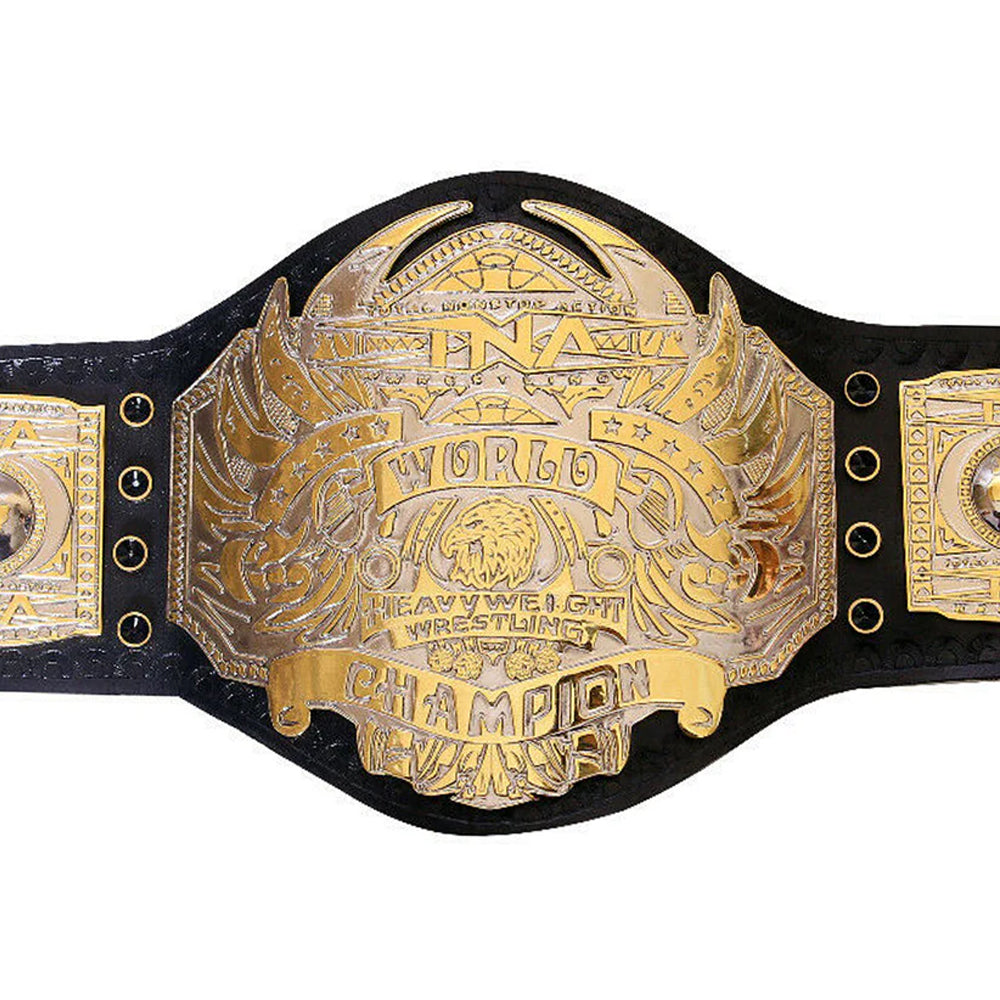 TNA World Heavyweight Championship belt with gold plated center plate and black leather strap