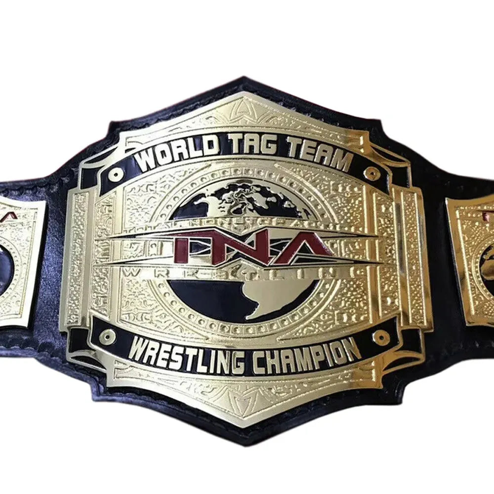 TNA World Tag Team title belt with gold plates and black leather strap by Championship Belt Store