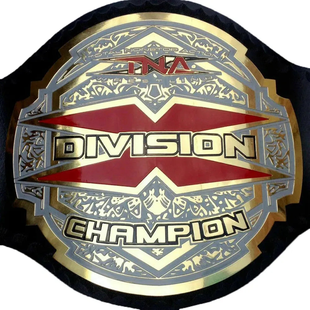 TNA X Division championship belt with red and gold detailed design by Championship Belt Store