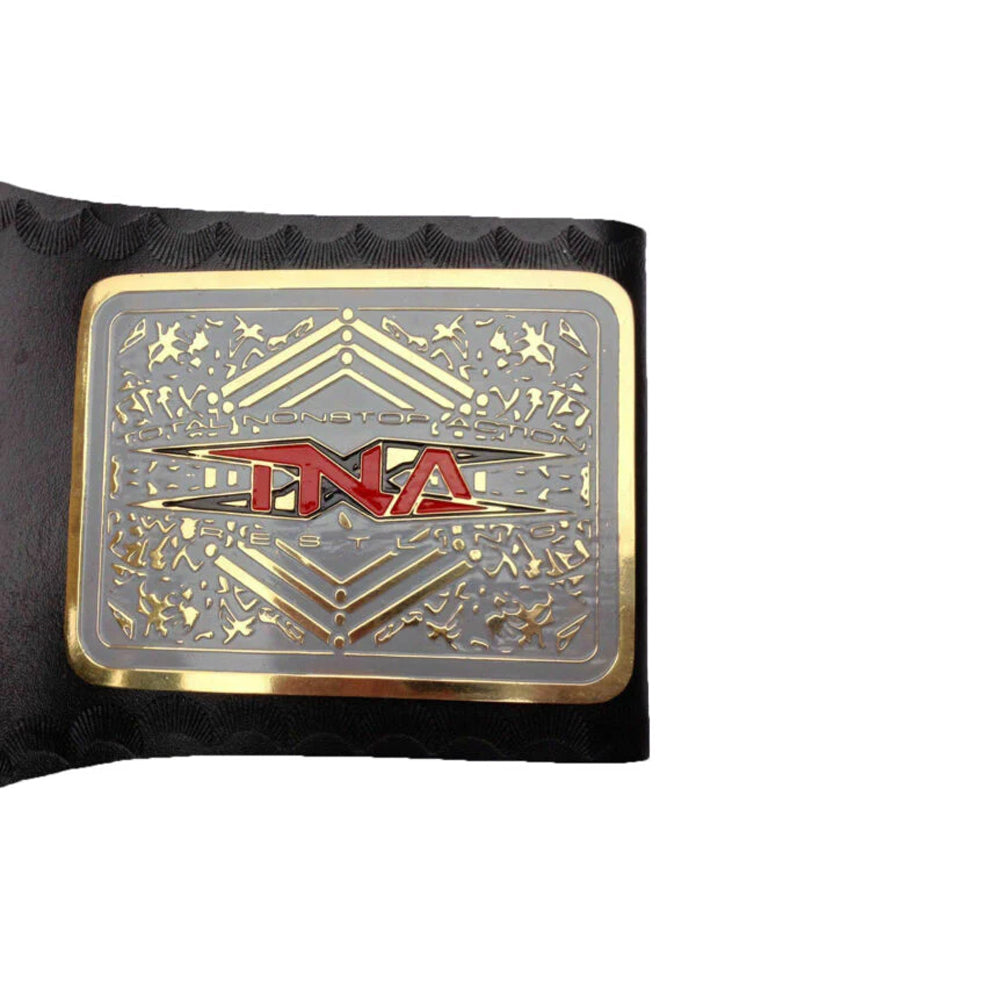 TNA X Division championship belt with gold and silver plate on black strap by Championship Belt Store