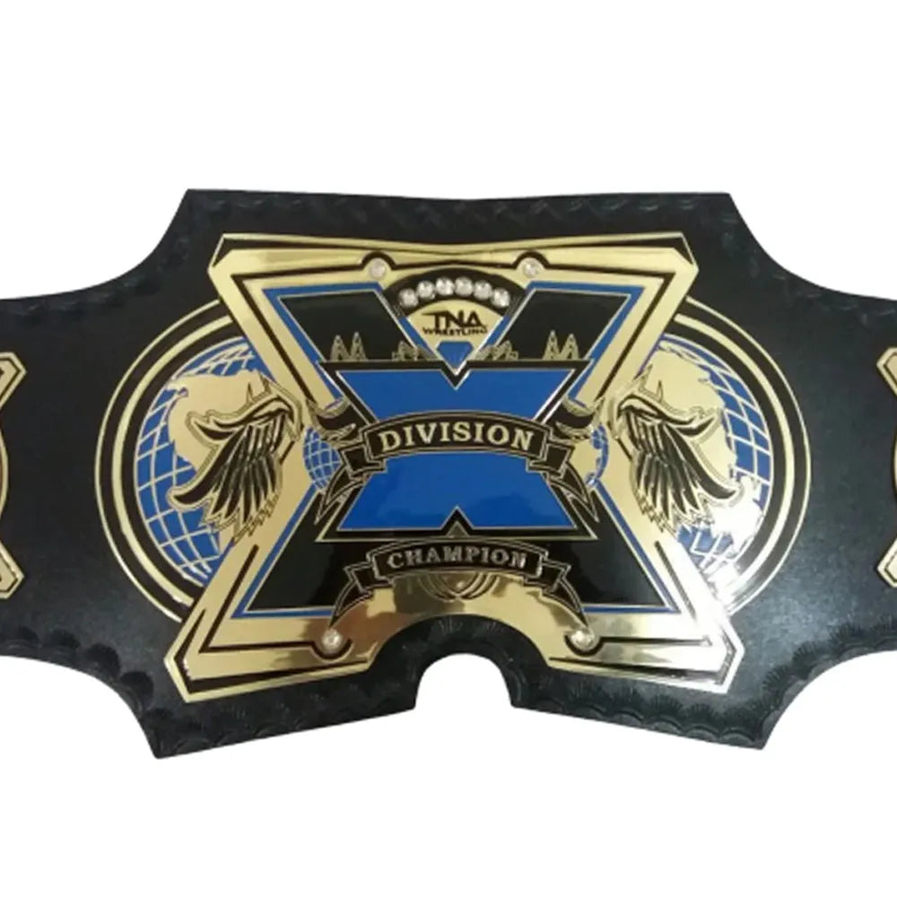 TNA X Division replica belt with gold and blue design by Championship Belt Store