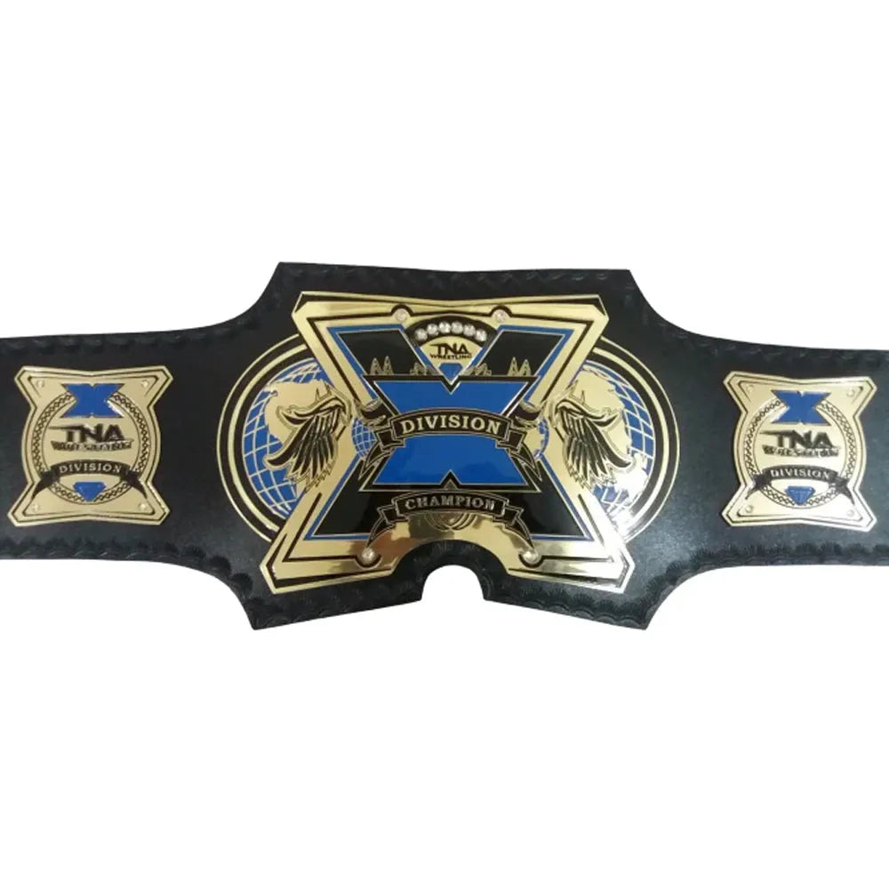 TNA X Division replica belt with gold and blue detailing on black leather strap from Championship Belt Store