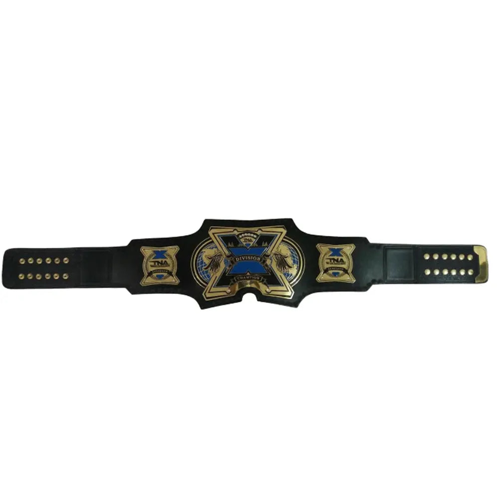 TNA X Division replica belt with black strap and gold blue detailed plates from Championship Belt Store
