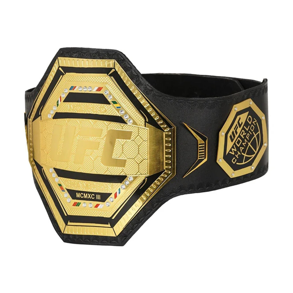 UFC championship replica belt with gold plates and black leather strap from Championship Belt Store