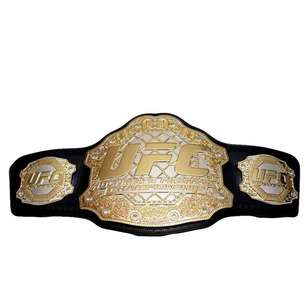 UFC heavyweight championship belt with gold plates and black leather strap by Championship Belt Store