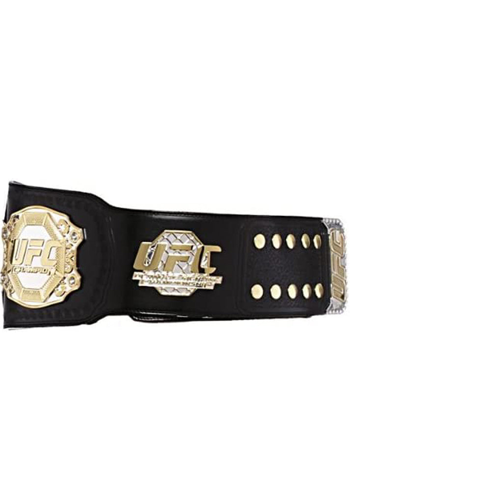 UFC heavyweight championship belt with gold plates and black leather strap from Championship Belt Store