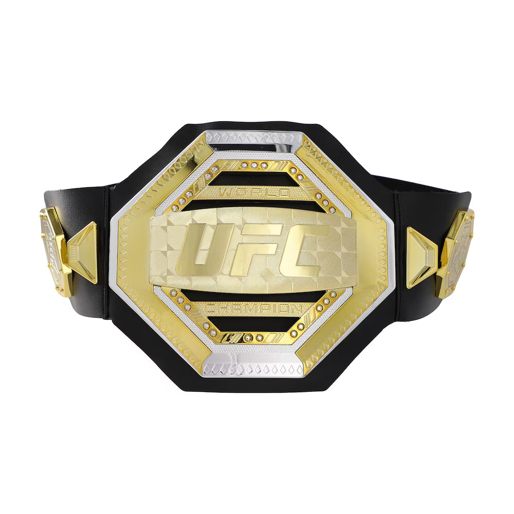 UFC replica championship belt with gold and silver details on black leather strap