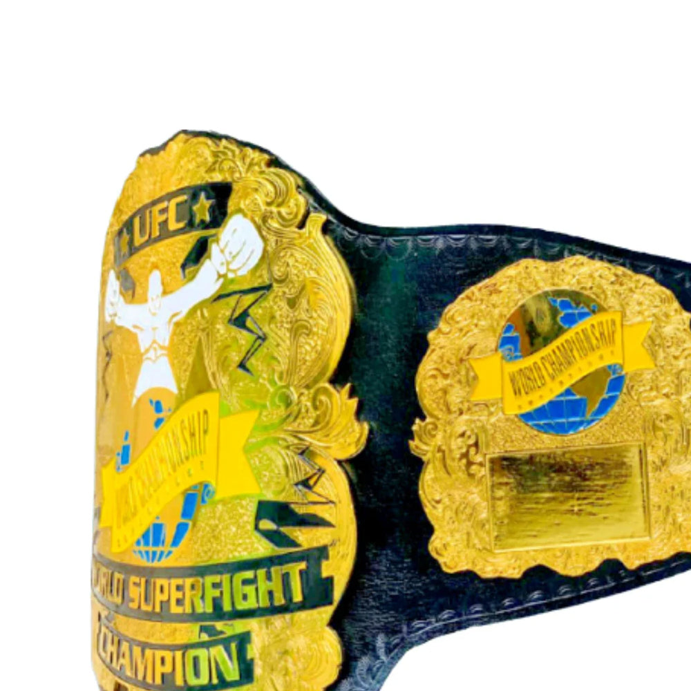 Ultimate fighting championship belt for sale with gold plates and black leather strap by Championship Belt Store