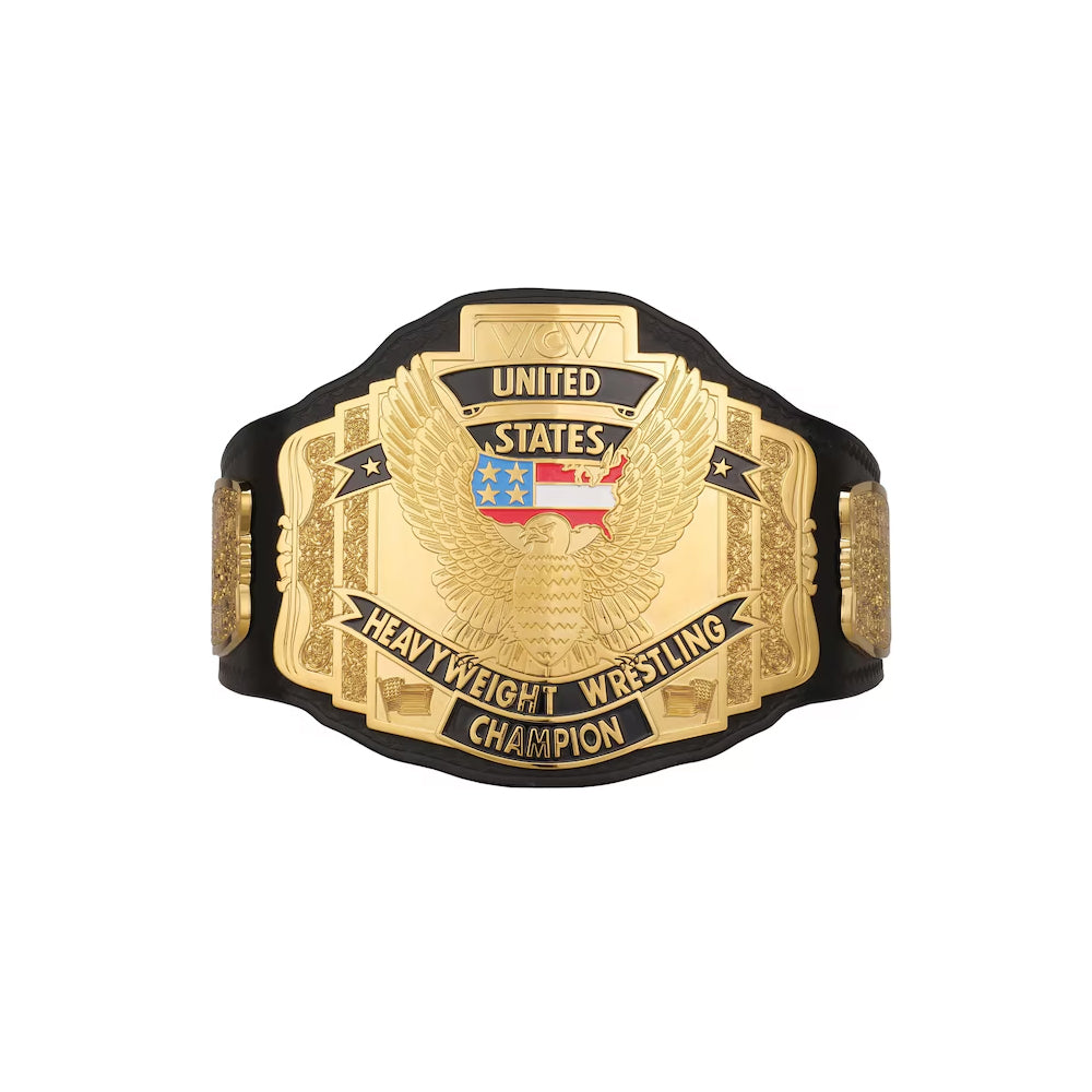United States Championship replica belt with gold plate and black leather strap by Championship Belt Store