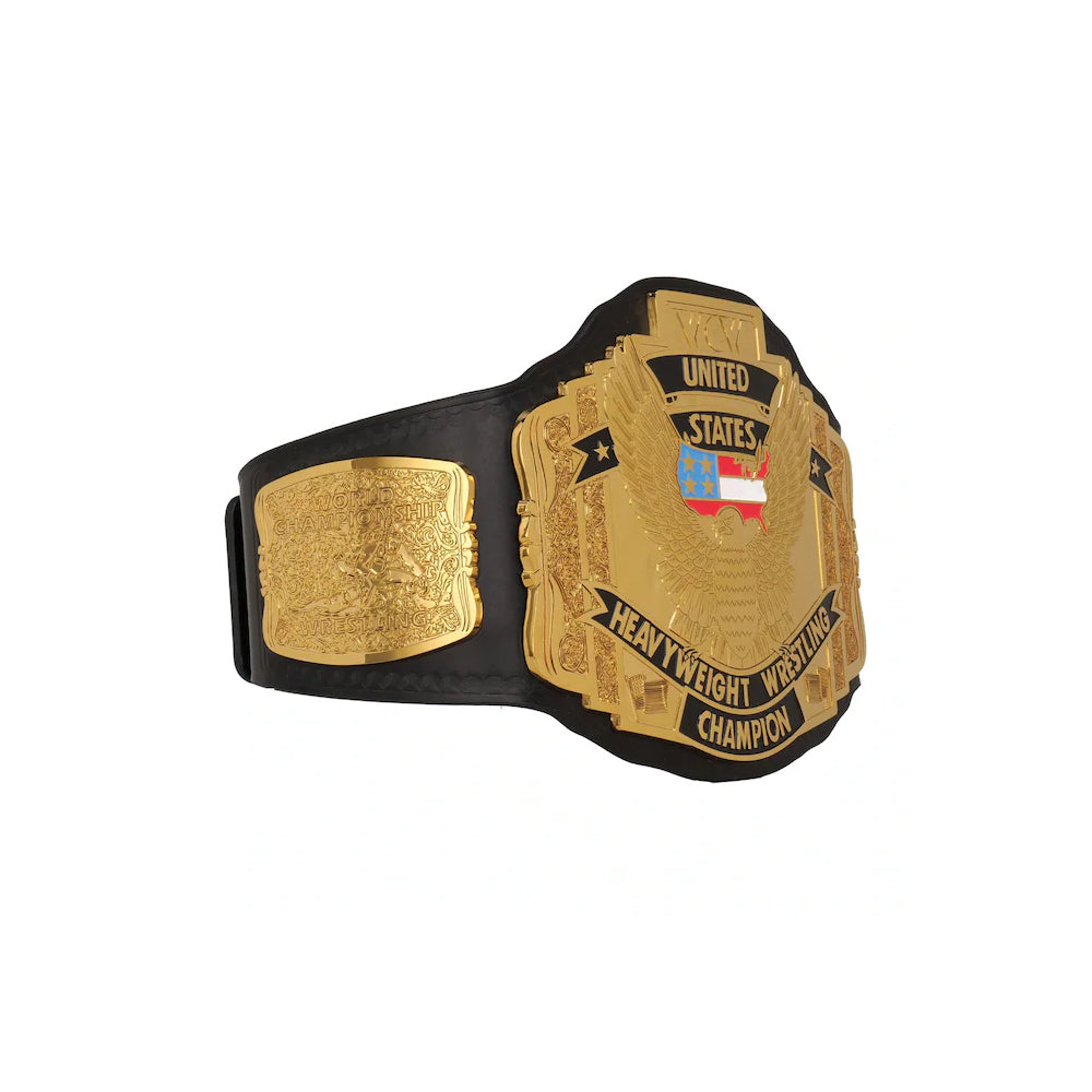 United States Championship replica belt with gold plates and black strap from Championship Belt Store