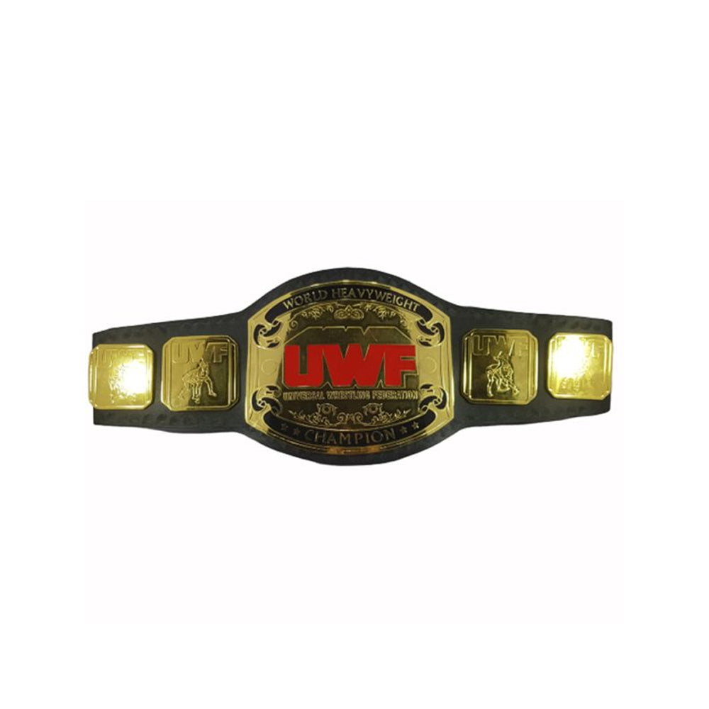 Universal Wrestling Federation heavyweight belt with gold plates and black strap from Championship Belt Store