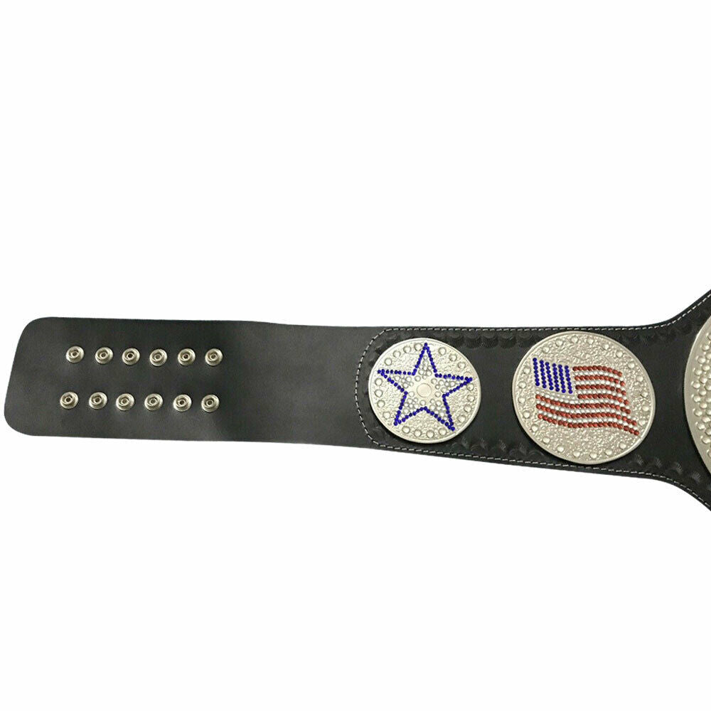 Close-up of black leather strap with star and American flag studs on US spinner wrestling belt replica