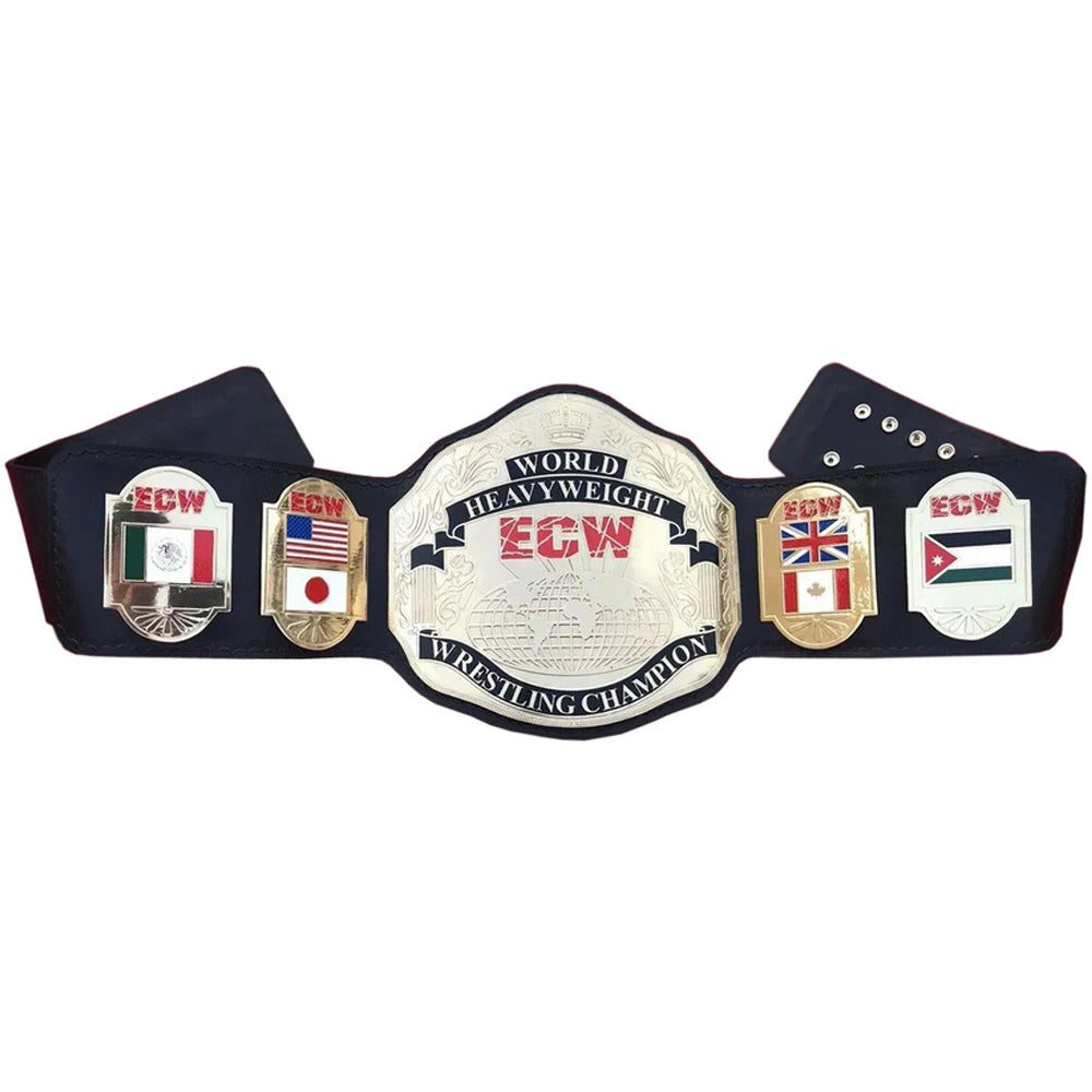 UWF heavyweight championship belt with black strap and detailed silver and gold plates from Championship Belt Store