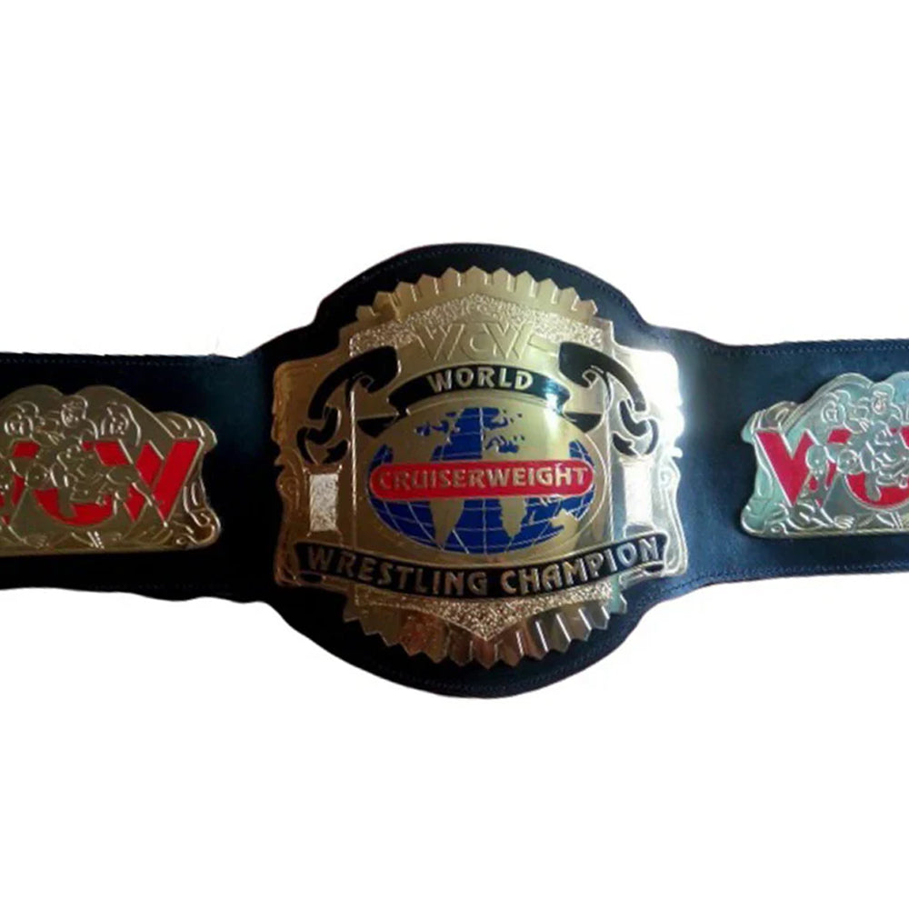 WCW Cruiserweight Championship belt with gold plates and black strap from Championship Belt Store