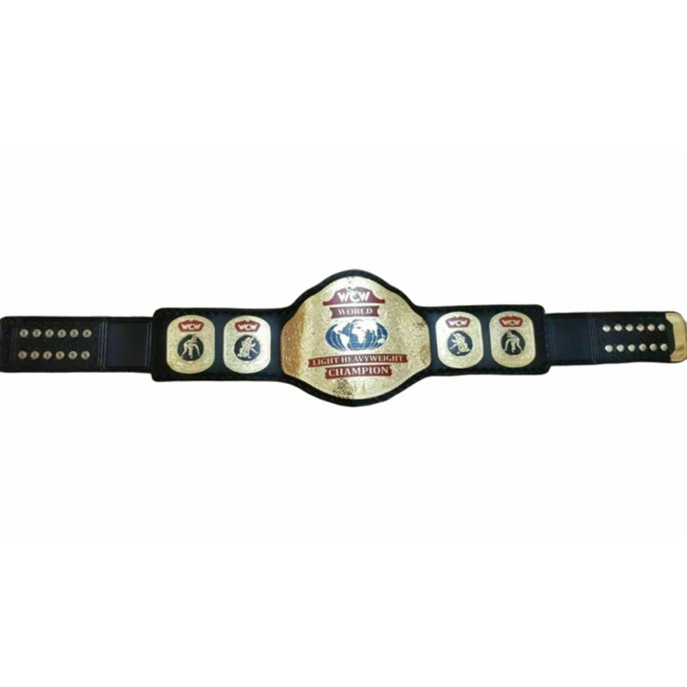 WCW light heavyweight championship belt with black strap and gold center plate by Championship Belt Store