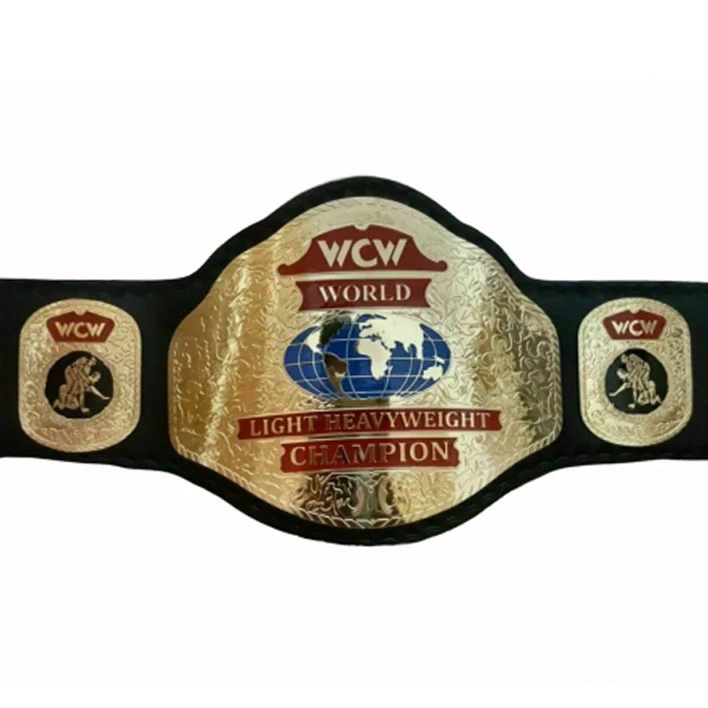 WCW light heavyweight championship belt with gold plates and black strap from Championship Belt Store