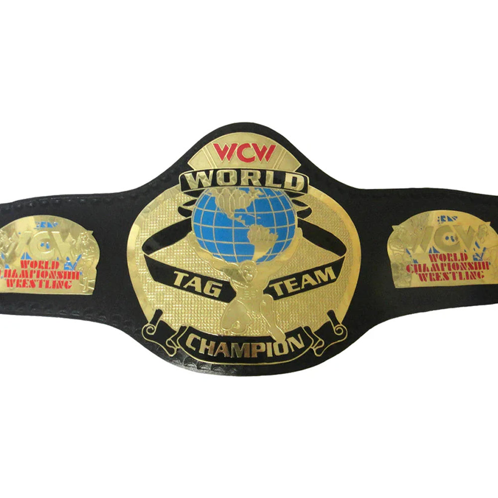WCW tag team championship belt with gold plates and black leather strap by Championship Belt Store