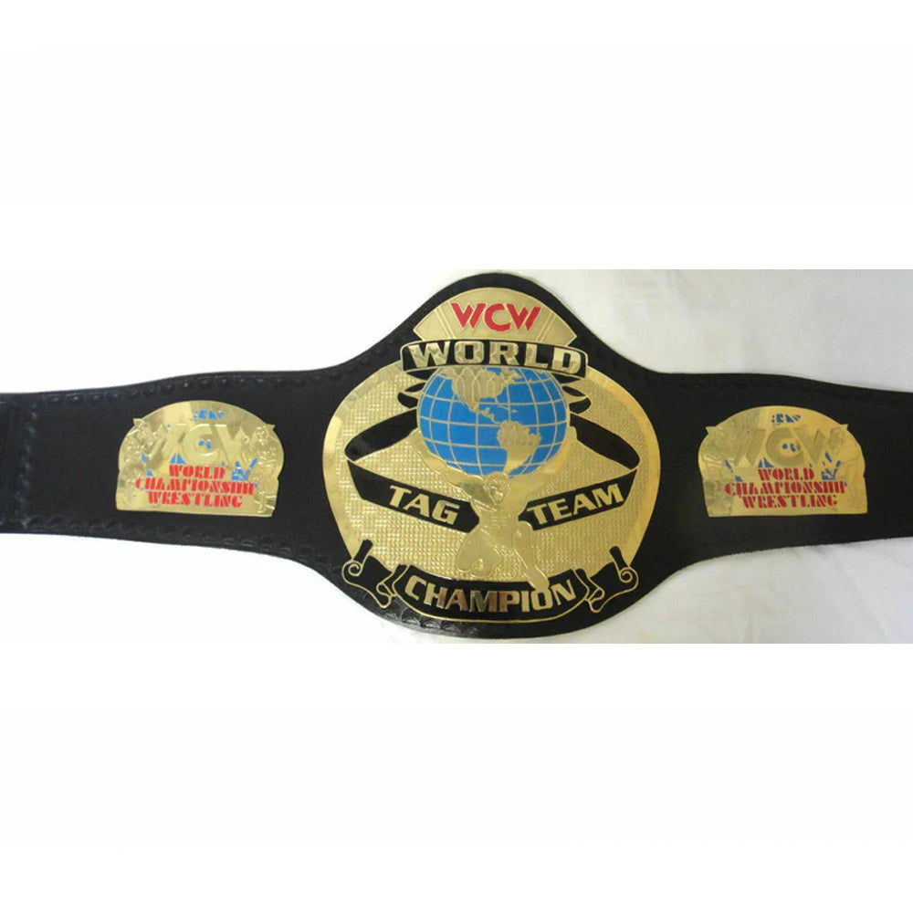 WCW tag team championship belt with black strap and gold plates from Championship Belt Store