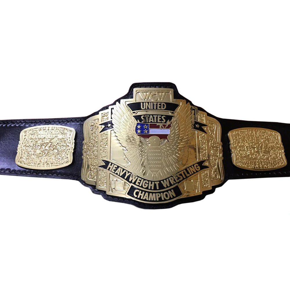 WCW United States Championship belt with detailed gold plates and black leather strap from Championship Belt Store