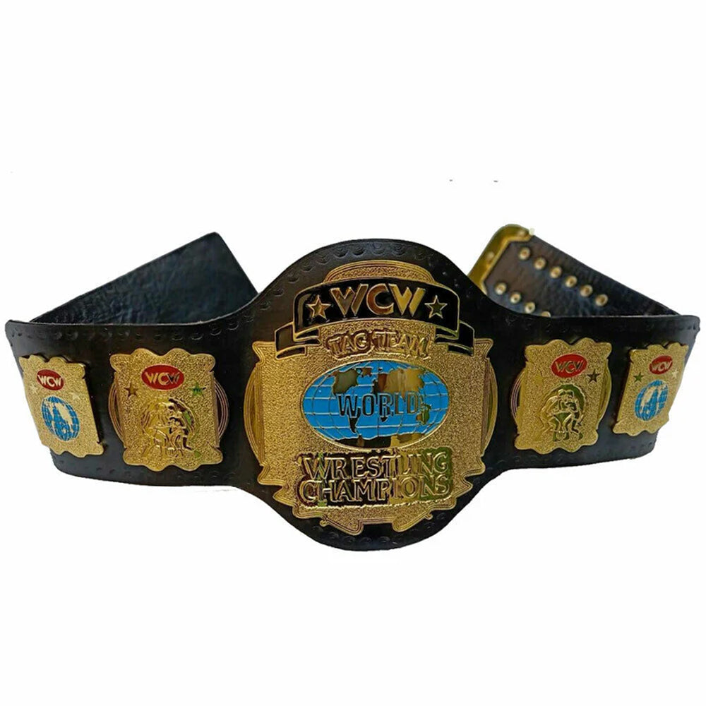 WCW World Tag Team title belt with detailed gold plates on black leather strap from Championship Belt Store