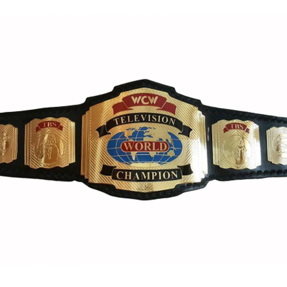 WCW World Television Championship belt with gold plates and black leather strap from Championship Belt Store