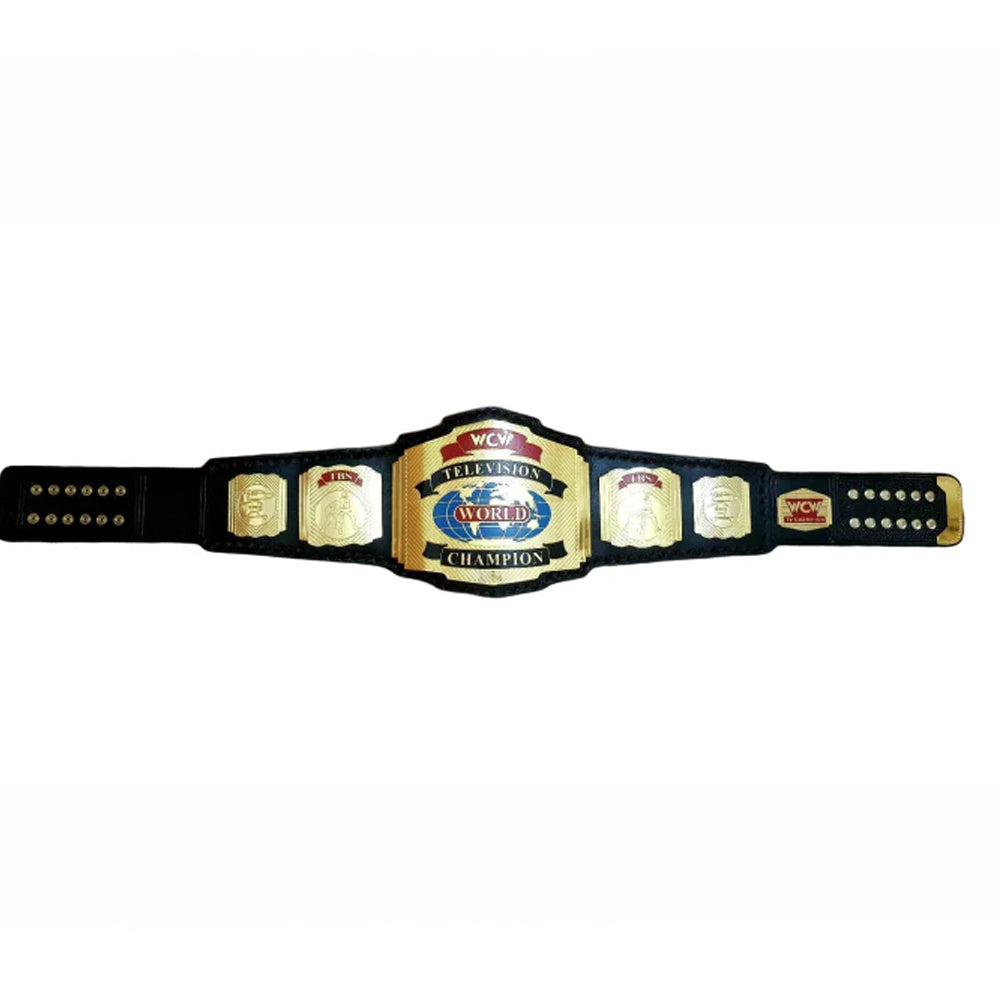 WCW World Television Championship belt with gold plates and black leather strap by Championship Belt Store