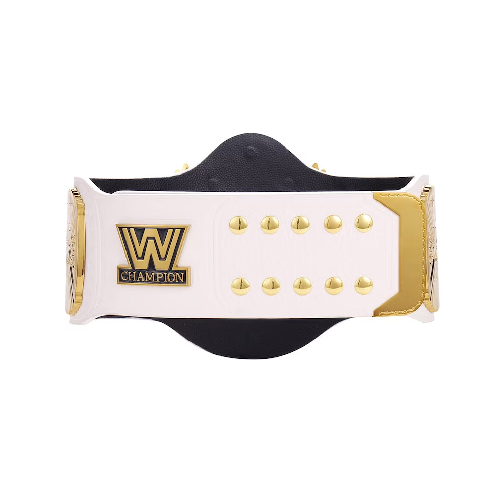 White WWE winged eagle replica belt with gold accents and black backing by Championship Belt Store
