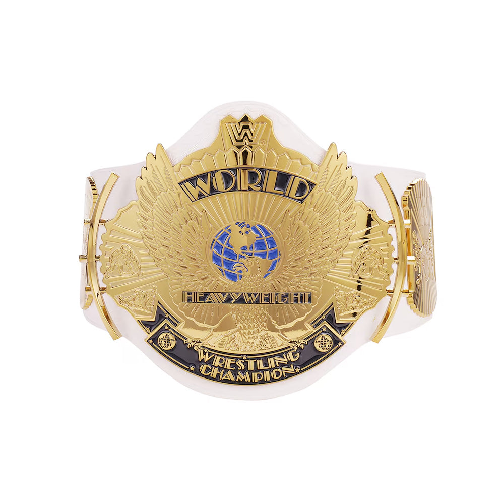 White WWE winged eagle replica belt with gold and blue design from Championship Belt Store