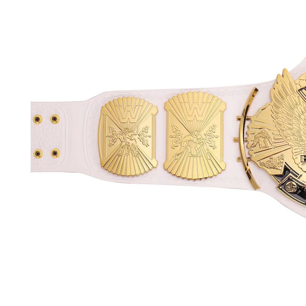 White WWE winged eagle replica belt side plates with gold detailing from Championship Belt Store