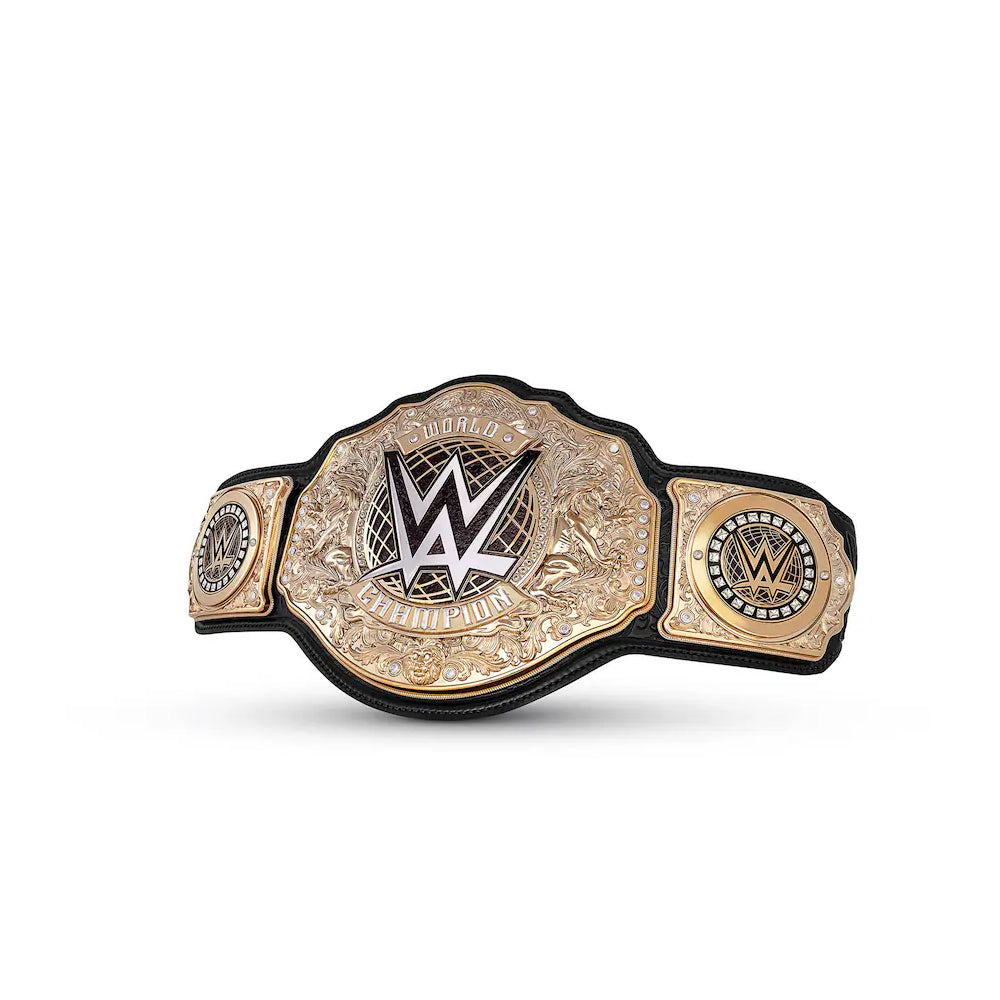 WWE World Heavyweight Title belt for sale with gold plates and black leather strap from Championship Belt Store