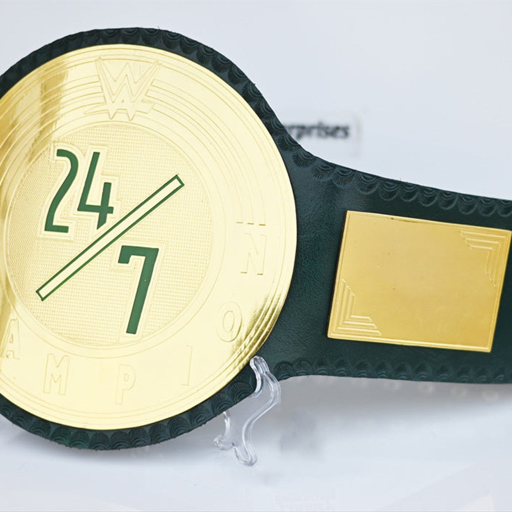 WWE 24/7 Championship belt for sale with gold plate and black strap by Championship Belt Store