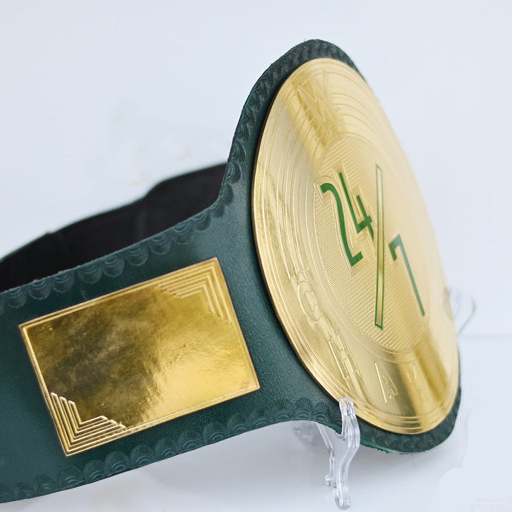 WWE 24/7 Championship belt for sale with gold plates and green leather strap from Championship Belt Store