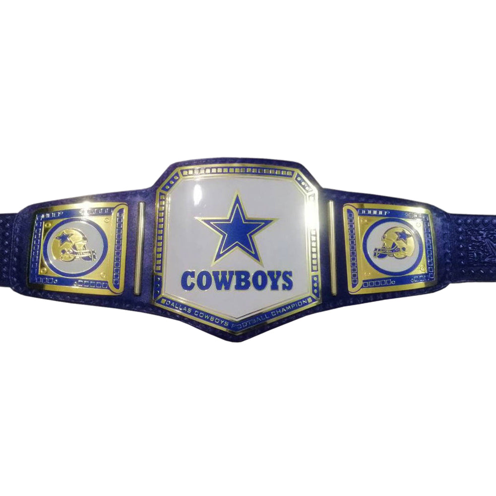 WWE Cowboys championship belt with blue star logo and gold detailing on black strap