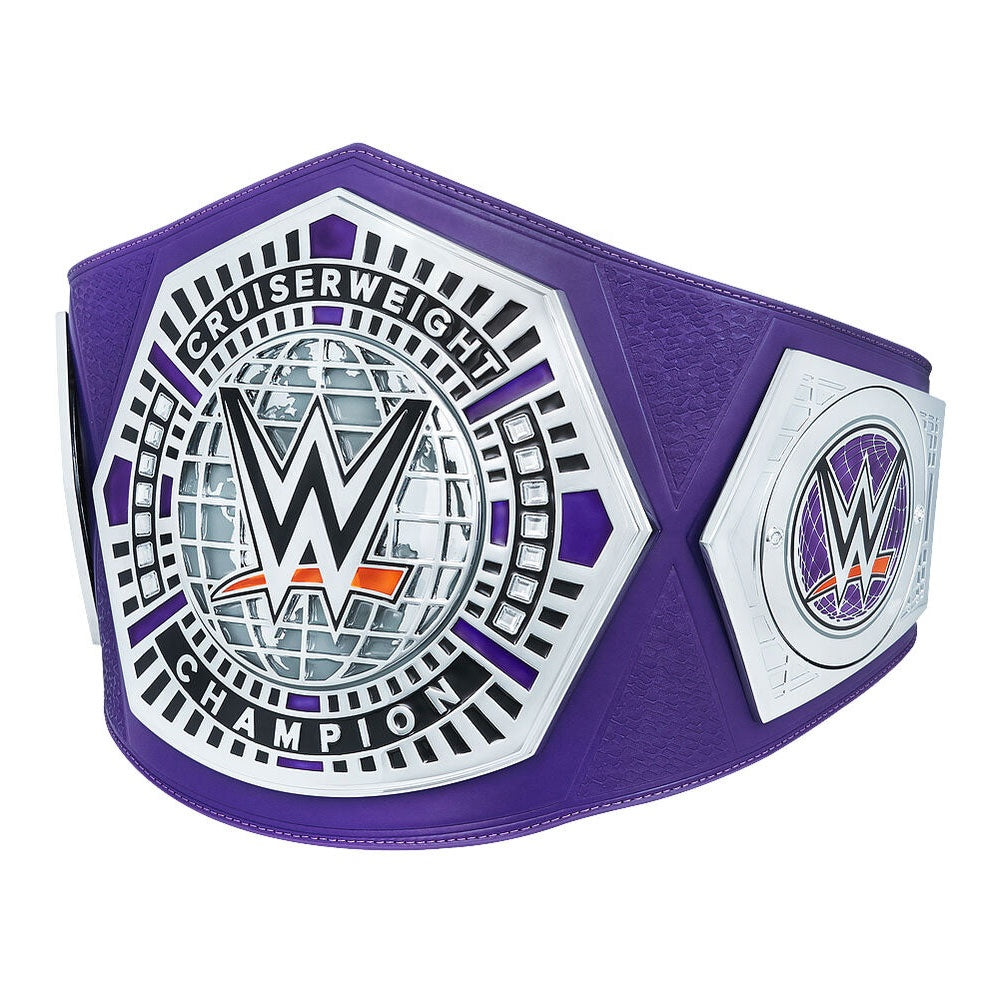 WWE cruiserweight championship belt with purple strap and silver detailed plates by Championship Belt Store