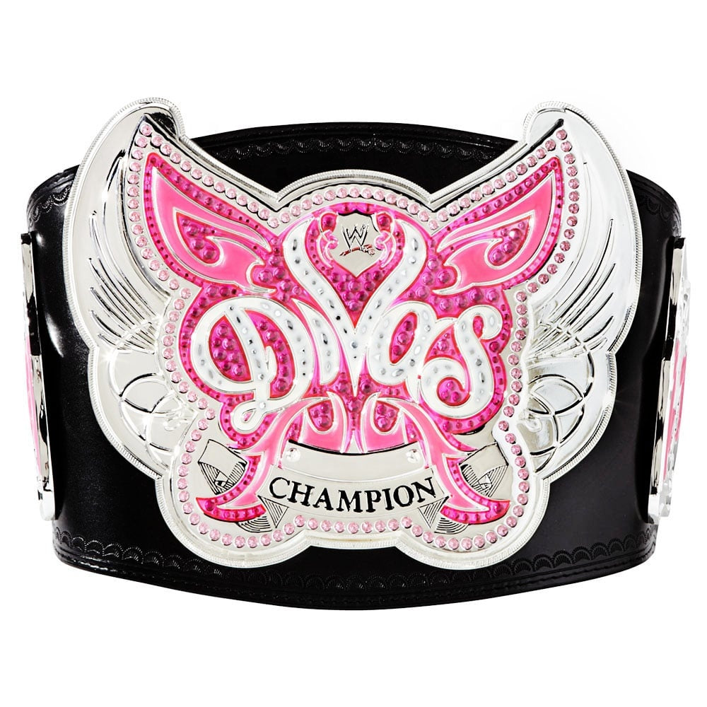 Close-up view of the WWE Divas Championship Belt Replica showcasing its pink and silver details.
