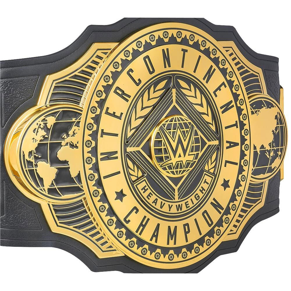 WWE Intercontinental Championship belt with gold plate and black leather strap from Championship Belt Store