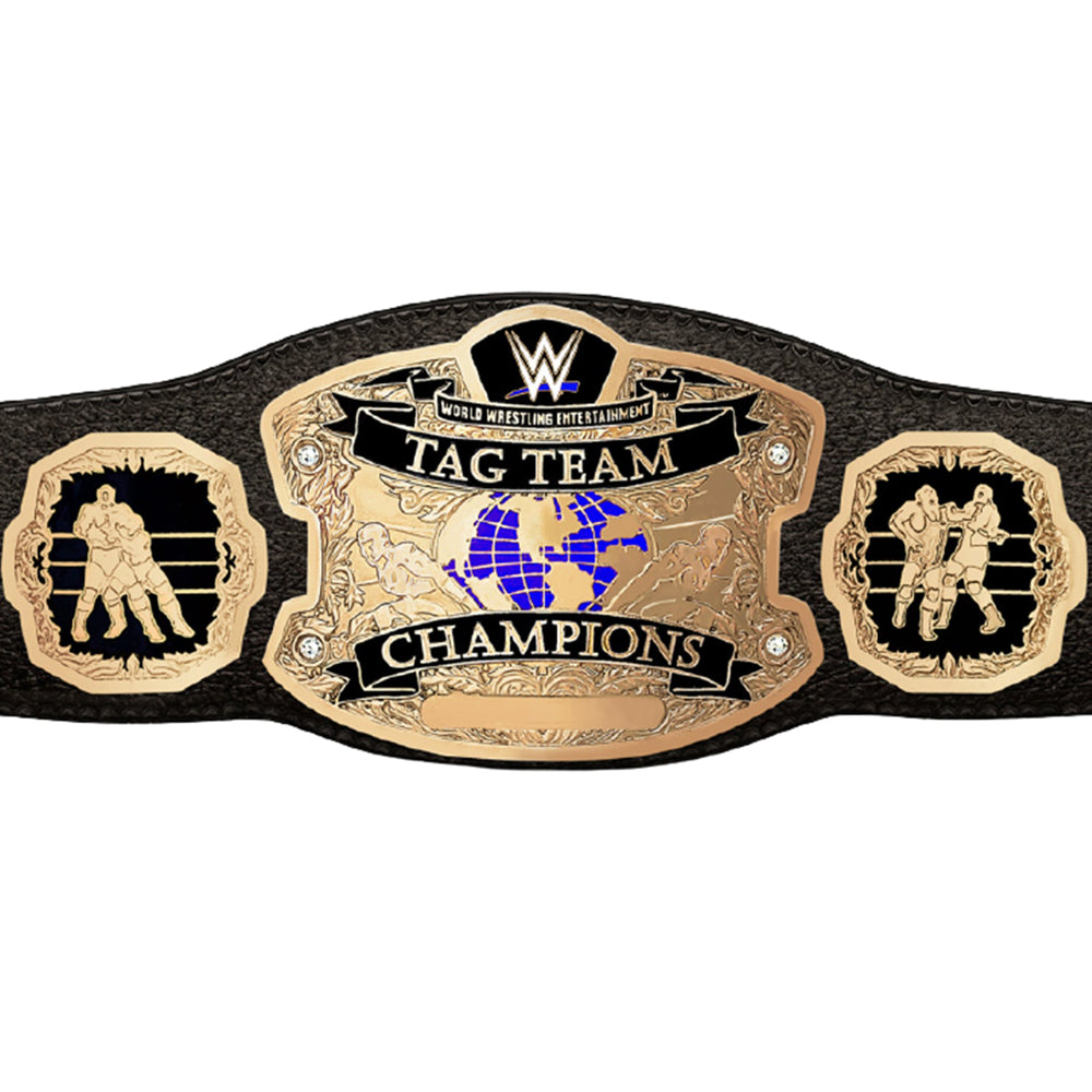 WWE tag team championship belt with detailed gold plates and black leather strap from Championship Belt Store