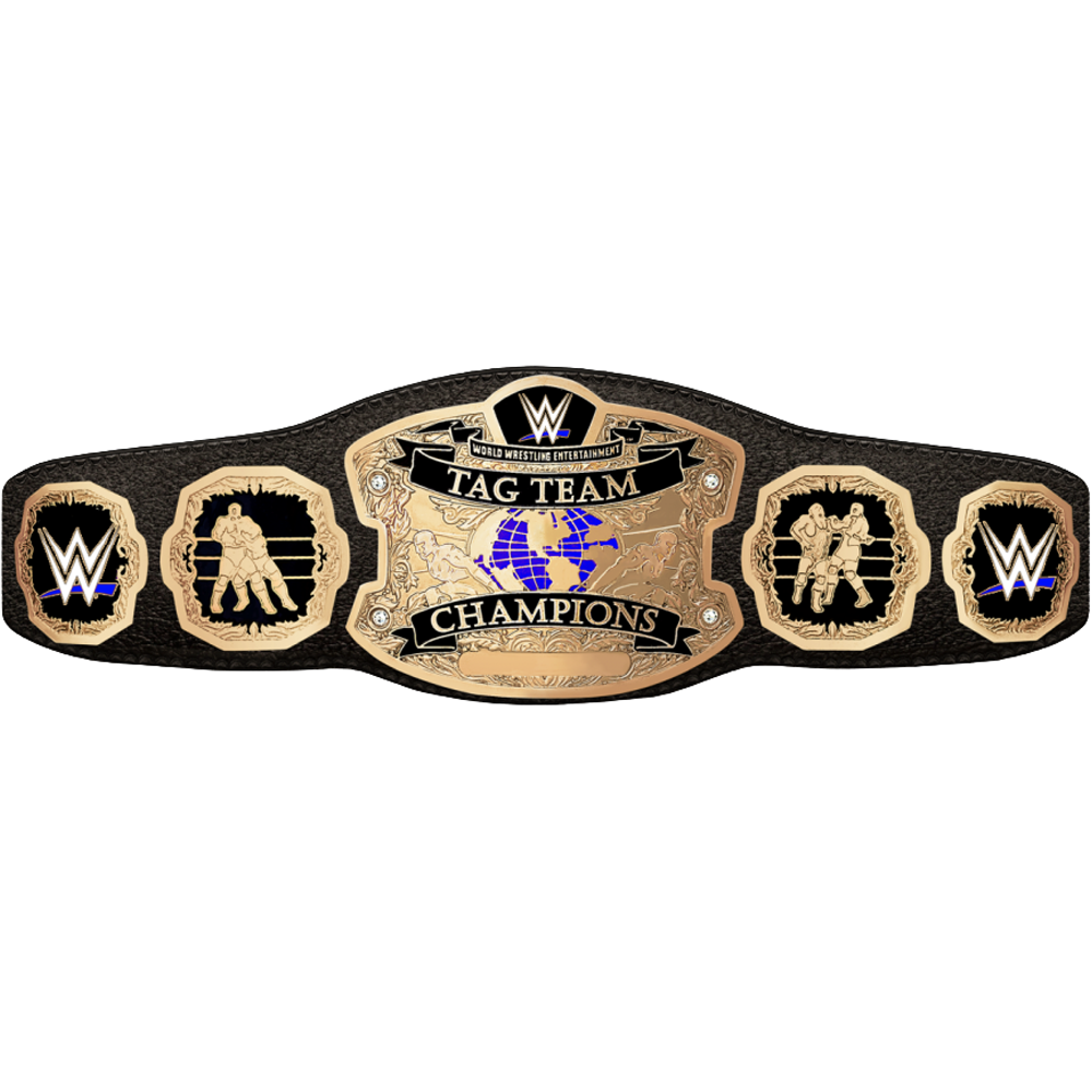 WWE tag team championship belt with black strap and gold plated plates from Championship Belt Store
