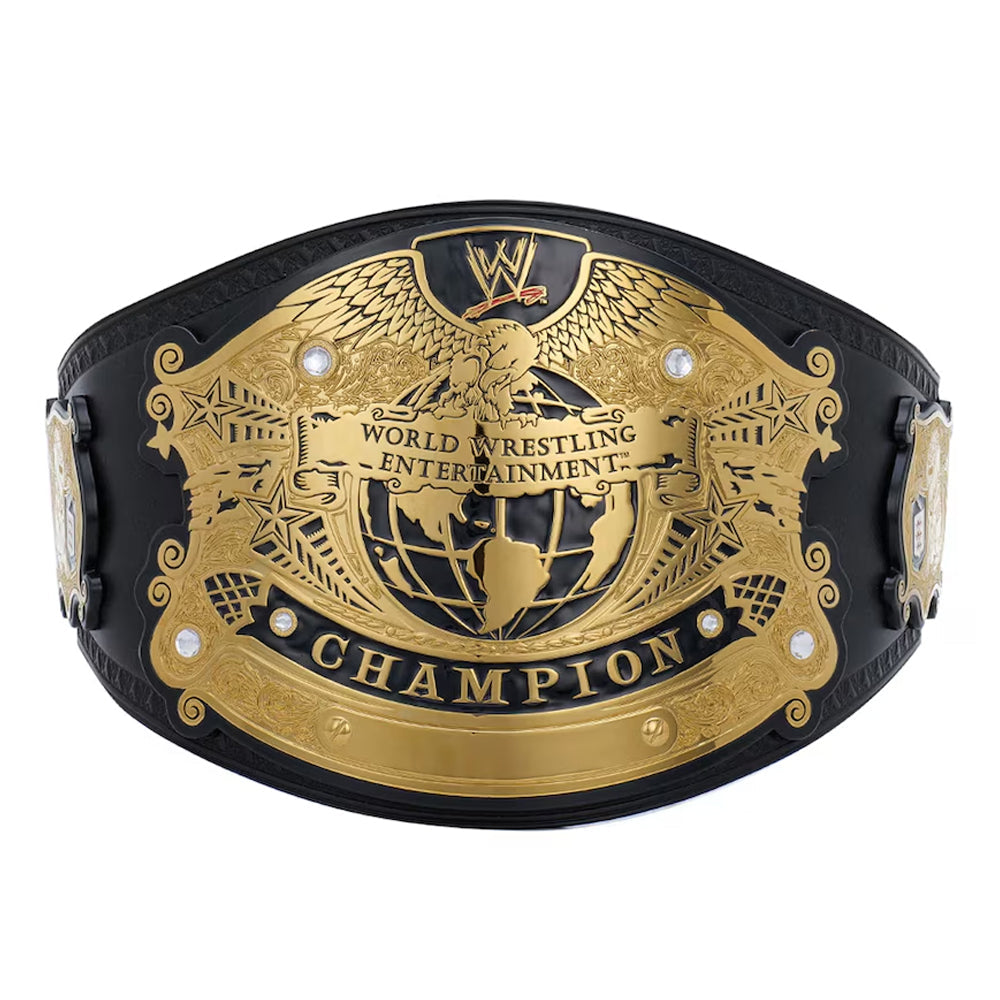 WWE Undisputed Championship replica belt with gold detailing and black leather strap from Championship Belt Store