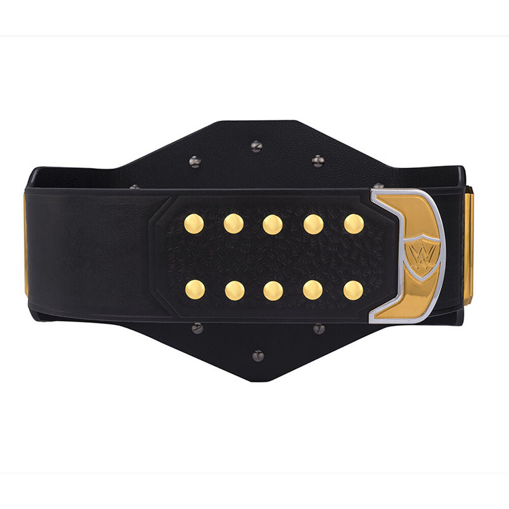 Black WWE United States Championship belt with gold accents and studs from Championship Belt Store